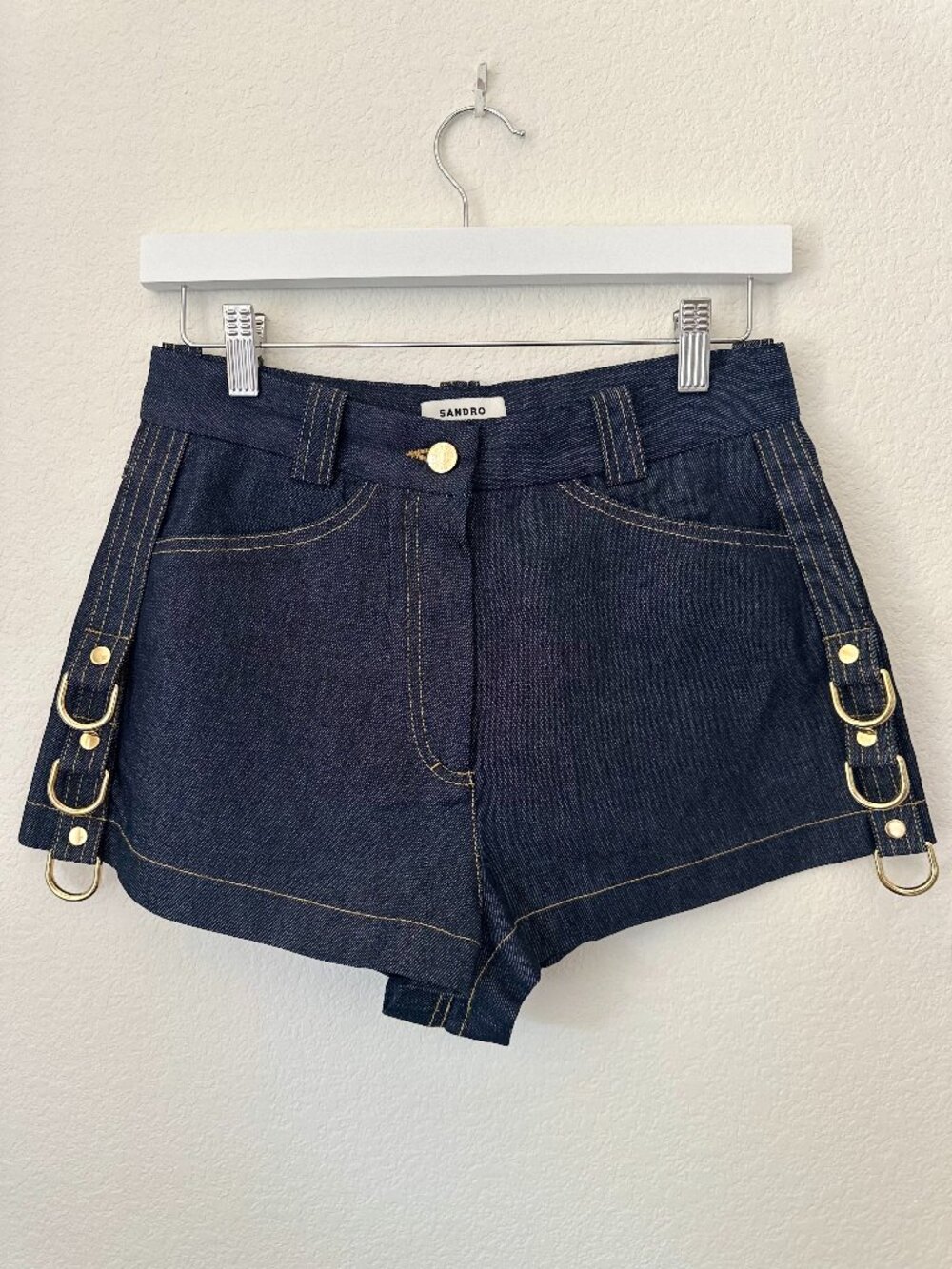 Sandro Paris Women's Denim Shorts Navy Blue Gold Ring Hardware NWT